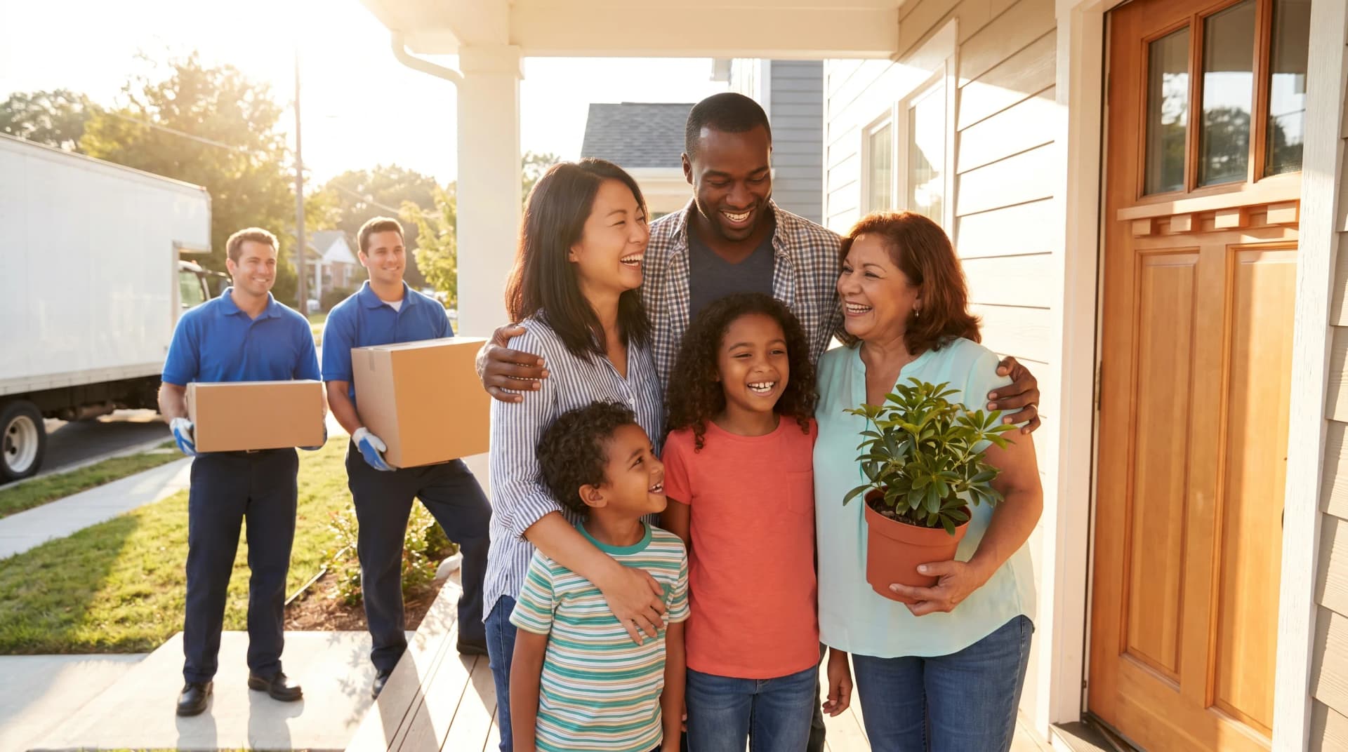 A family arriving safely at their new home abroad